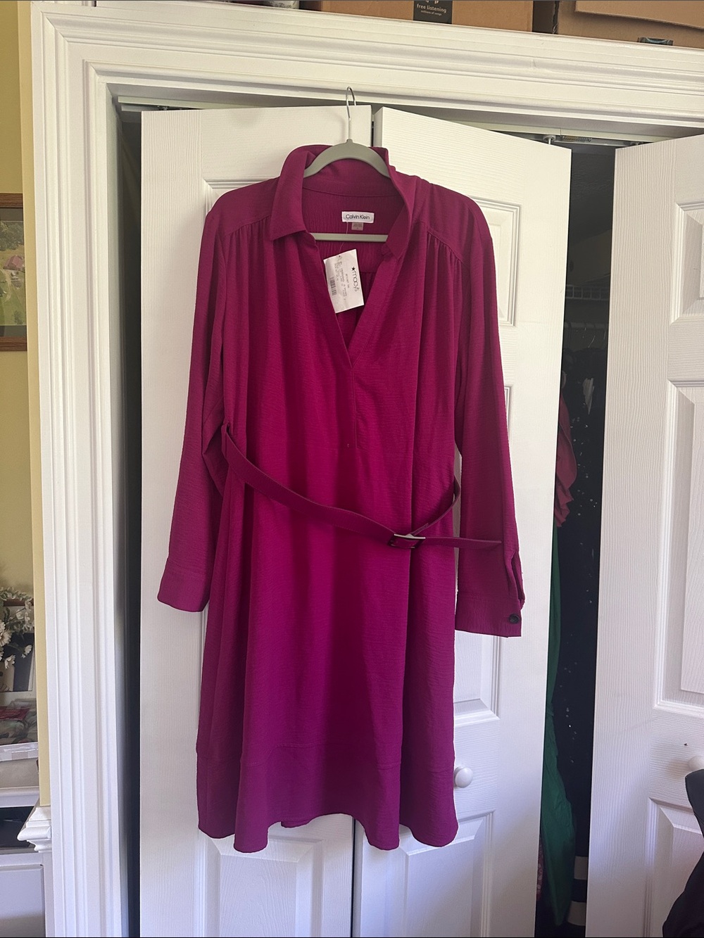 Calvin Klein Fuchsia Long-Sleeve Shirt Dress with Belt